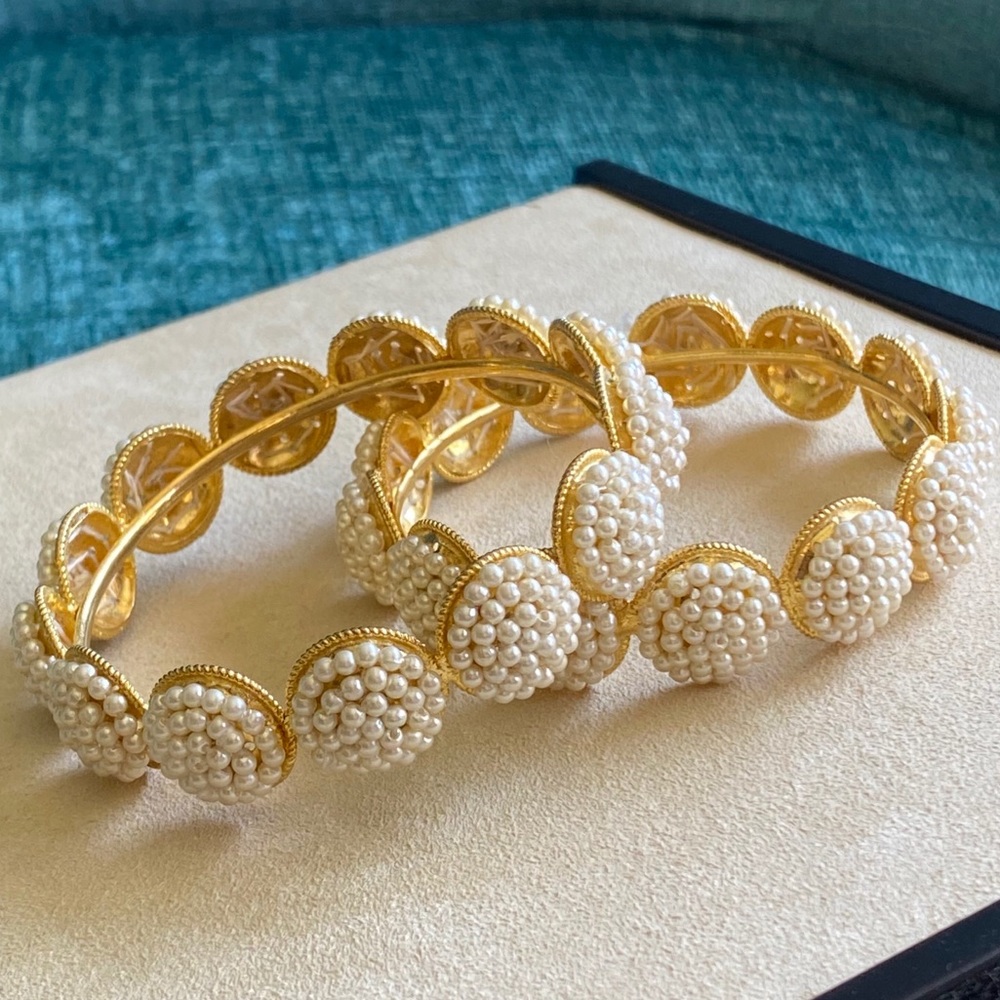 Rare Set of Two White Freshwater Seed Pearls Gold Tone Bangles